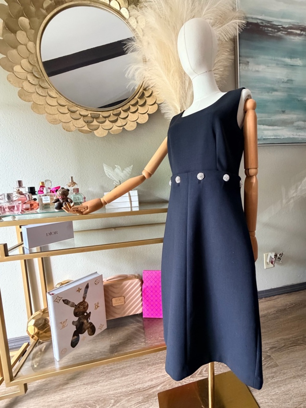 Tory Burch Black Sleeveless Midi Dress with Crystal Waist Buttons